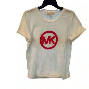 Michael Kors Womens Large White Crew Neck Red MK Logo T-shirt Top Pullover